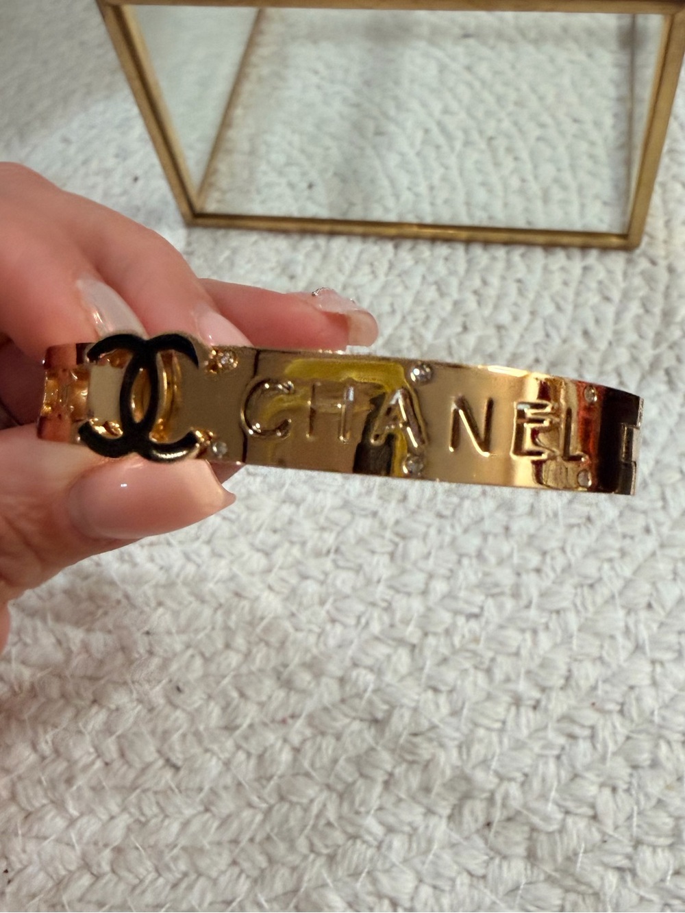 Gold-Tone | NEW Stainless Steel Logo Crystal Accent Bangle - Picture 3 of 11